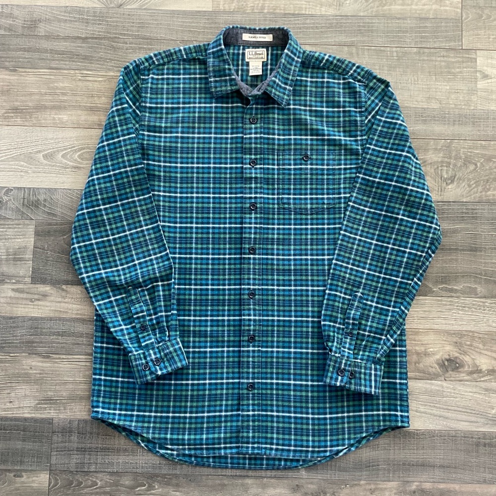 LL Bean Plaid Flannel Shirt Men’s LARGE TALL Green Blue Slightly Fitted 503300